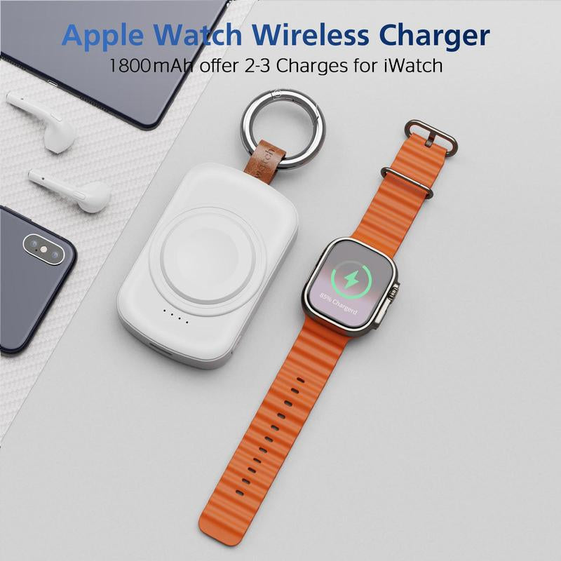 Portable Wireless Charger, 1 Count 1800Mah Rechargeable Power Bank for Watch, Watch Charger with Keychain for Apple Watch Series