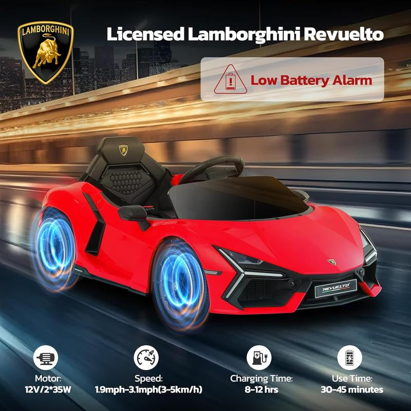 [Springtok] Licensed Lamborghini Ride-On Car – 12V Electric Car for Kids with Remote, Scissor Door, Bluetooth, LED Light, MP3 Player, Wide Seat