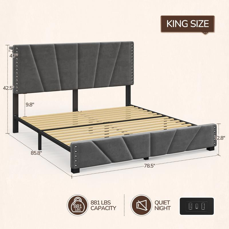 【Springtok】Raybee Full/Queen/King Size LED Bed Frame with Velvet Storage Headboard Platform Bed with Charging Station, No Mattress, Sturdy Wooden Slats Support