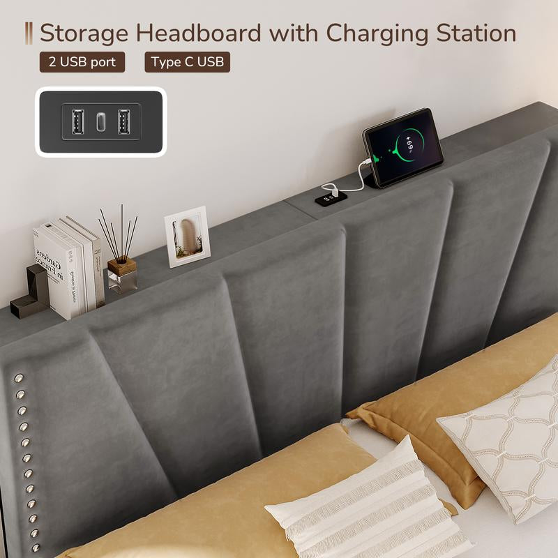 【Springtok】Raybee Full/Queen/King Size LED Bed Frame with Velvet Storage Headboard Platform Bed with Charging Station, No Mattress, Sturdy Wooden Slats Support