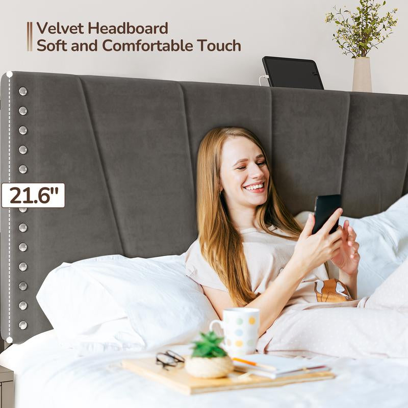 【Springtok】Raybee Full/Queen/King Size LED Bed Frame with Velvet Storage Headboard Platform Bed with Charging Station, No Mattress, Sturdy Wooden Slats Support