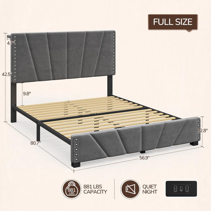 【Springtok】Raybee Full/Queen/King Size LED Bed Frame with Velvet Storage Headboard Platform Bed with Charging Station, No Mattress, Sturdy Wooden Slats Support