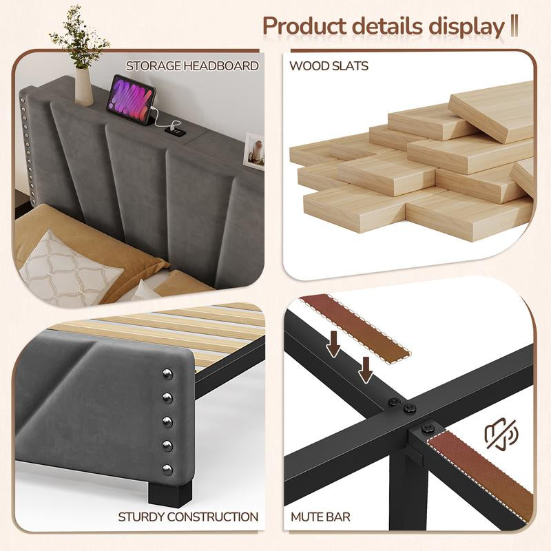 【Springtok】Raybee Full/Queen/King Size LED Bed Frame with Velvet Storage Headboard Platform Bed with Charging Station, No Mattress, Sturdy Wooden Slats Support
