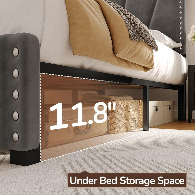 【Springtok】Raybee Full/Queen/King Size LED Bed Frame with Velvet Storage Headboard Platform Bed with Charging Station, No Mattress, Sturdy Wooden Slats Support