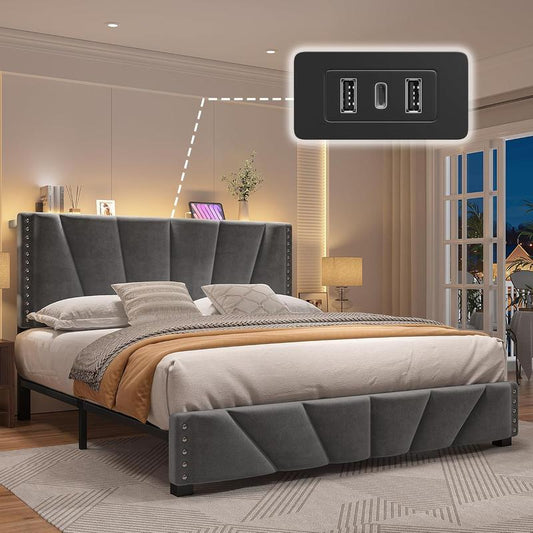 【Springtok】Raybee Full/Queen/King Size LED Bed Frame with Velvet Storage Headboard Platform Bed with Charging Station, No Mattress, Sturdy Wooden Slats Support