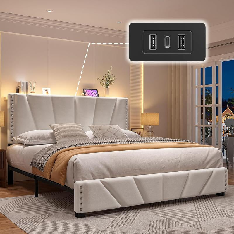 【Springtok】Raybee Full/Queen/King Size LED Bed Frame with Velvet Storage Headboard Platform Bed with Charging Station, No Mattress, Sturdy Wooden Slats Support