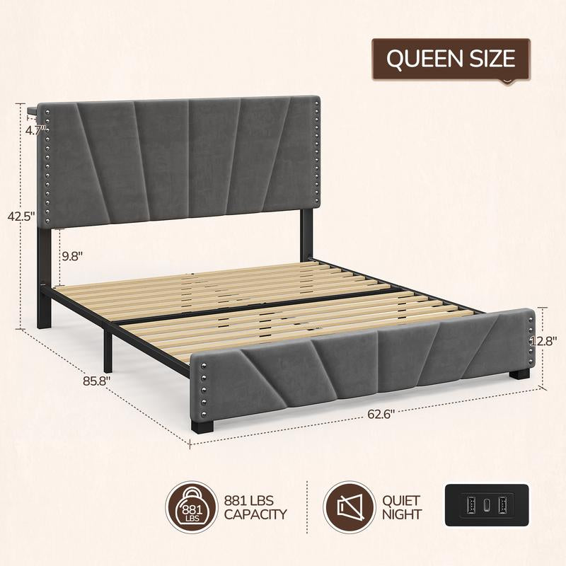 【Springtok】Raybee Full/Queen/King Size LED Bed Frame with Velvet Storage Headboard Platform Bed with Charging Station, No Mattress, Sturdy Wooden Slats Support