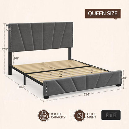 【Springtok】Raybee Full/Queen/King Size LED Bed Frame with Velvet Storage Headboard Platform Bed with Charging Station, No Mattress, Sturdy Wooden Slats Support