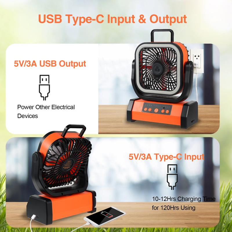 Multi-Functional Camping USB Portable Device with LED Light, 20000Mah Battery Powered, 360° Rotating Hook, Oscillating, Outdoor Travel Accessories Fan Head Multifunction Fans