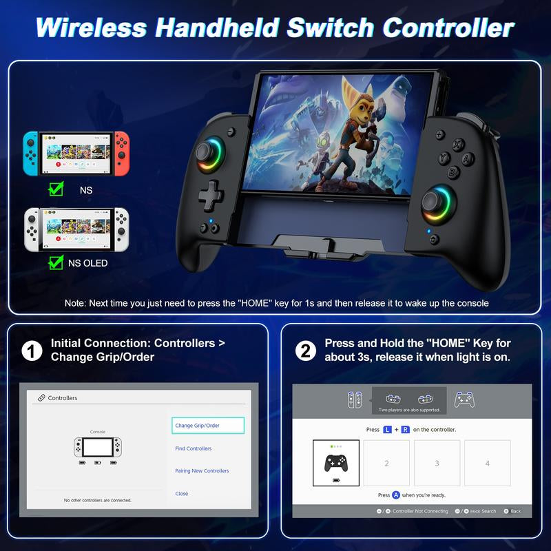 Wireless Pro Controller for Switch/Oled, Joypad with Full-Size Ergonomic Handheld Mode Controller/Battery/Rgb/Turbo/Programming
