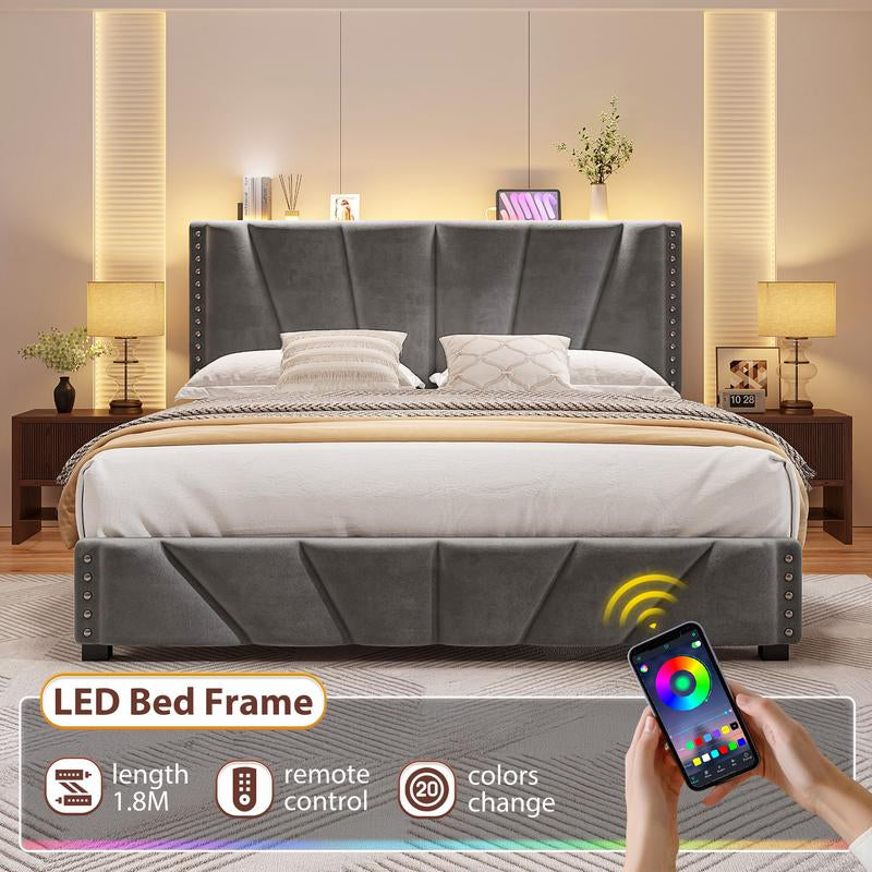 【Springtok】Raybee Full/Queen/King Size LED Bed Frame with Velvet Storage Headboard Platform Bed with Charging Station, No Mattress, Sturdy Wooden Slats Support