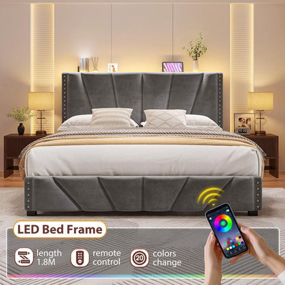 【Springtok】Raybee Full/Queen/King Size LED Bed Frame with Velvet Storage Headboard Platform Bed with Charging Station, No Mattress, Sturdy Wooden Slats Support