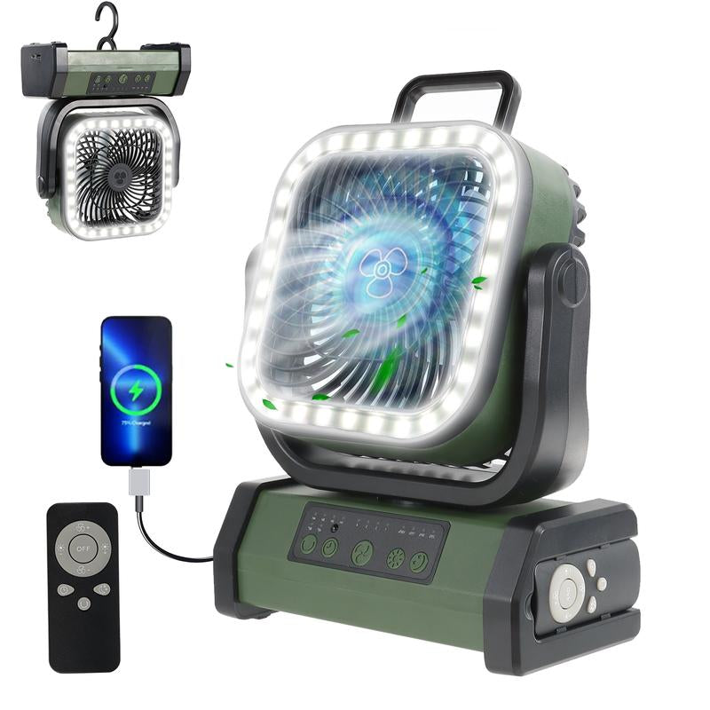 Multi-Functional Camping USB Portable Device with LED Light, 20000Mah Battery Powered, 360° Rotating Hook, Oscillating, Outdoor Travel Accessories Fan Head Multifunction Fans